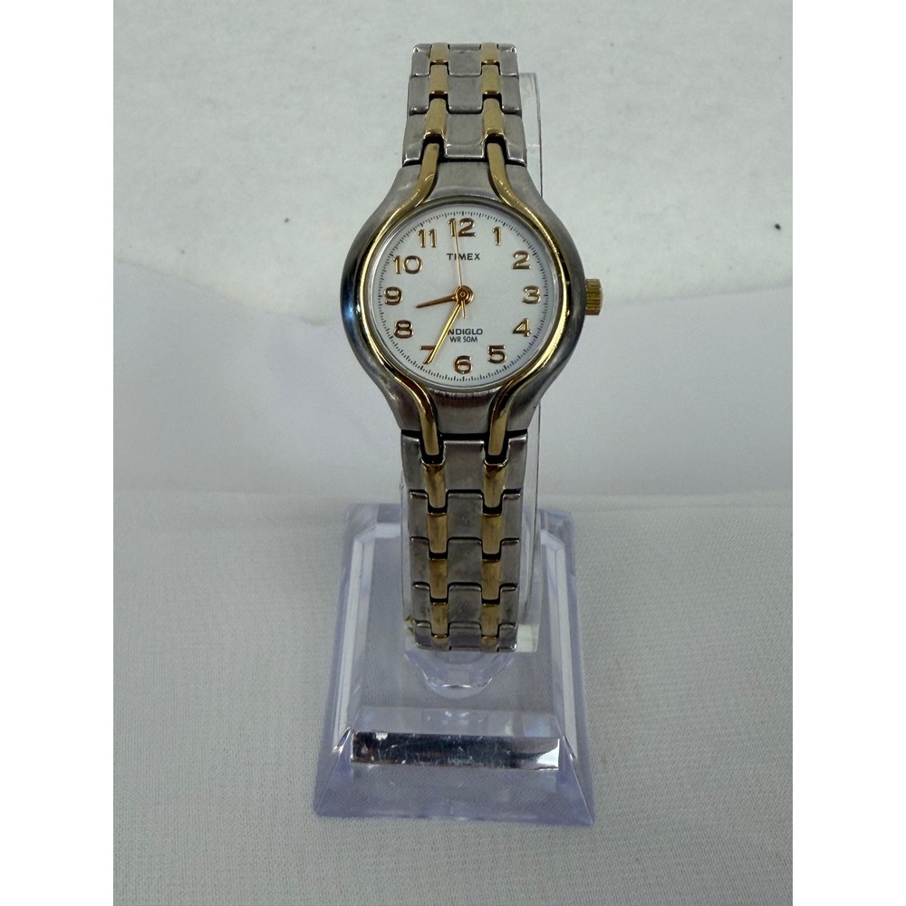 Timex Indiglo WR 50M Womens Two Tone Silver Gold Stainless Steel Watch YA